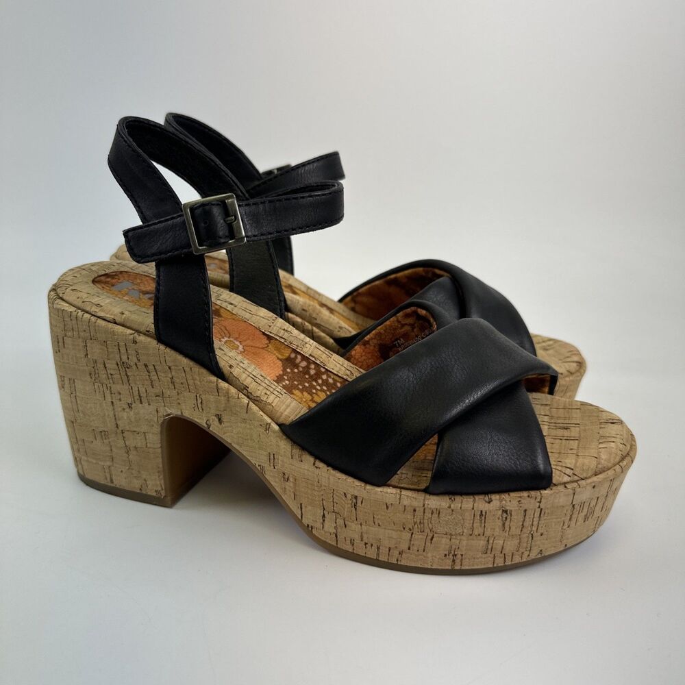 Korks Calda Platform Sandal Black Leather Ankle Buckle Strap Cork Heel Womens 7